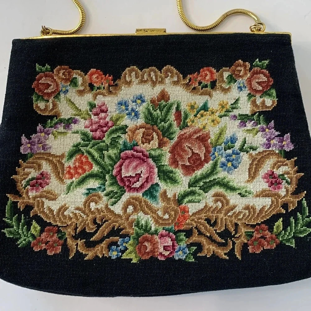 Vintage Floral Petit Point Rose Quartz Gold Filigree Embroidered Black Handbag - Picture 6 of 16